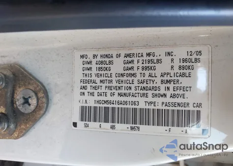 2006 Honda Accord 2.4 Lx z USA, uszkodzony, nr VIN 1HGCM56416A061063
